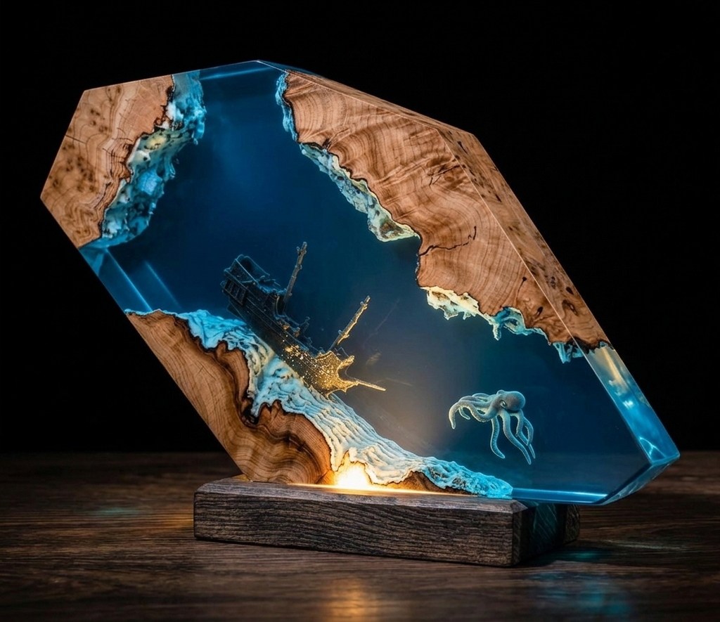 Lampada Led in Legno Polpo e Relitto