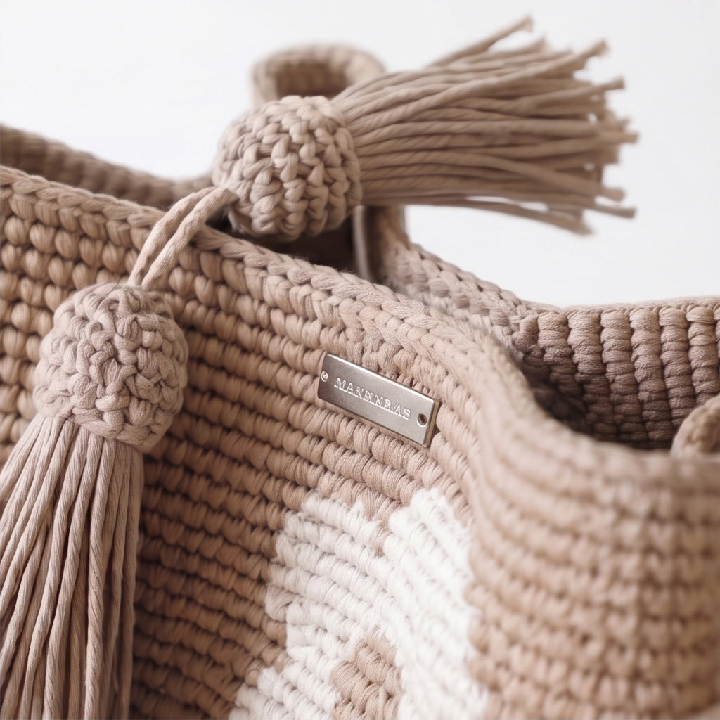 Primo piano dettagliato dell'apertura superiore di una borsa all'uncinetto beige, che mostra la trama del punto, le basi delle due nappine e una piccola placca di metallo con l'incisione "MANERAS".