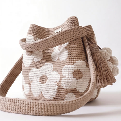 Vista laterale completa della borsa a secchiello all'uncinetto, che mostra la sua forma voluminosa, il motivo floreale bianco e la tracolla posizionata in un anello, con nappe e charm visibili sul lato