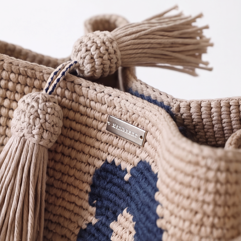 Primo piano dettagliato dell'apertura superiore di una borsa all'uncinetto beige, che mostra la trama del punto, le basi delle due nappine e una piccola placca di metallo con l'incisione "MANERAS".