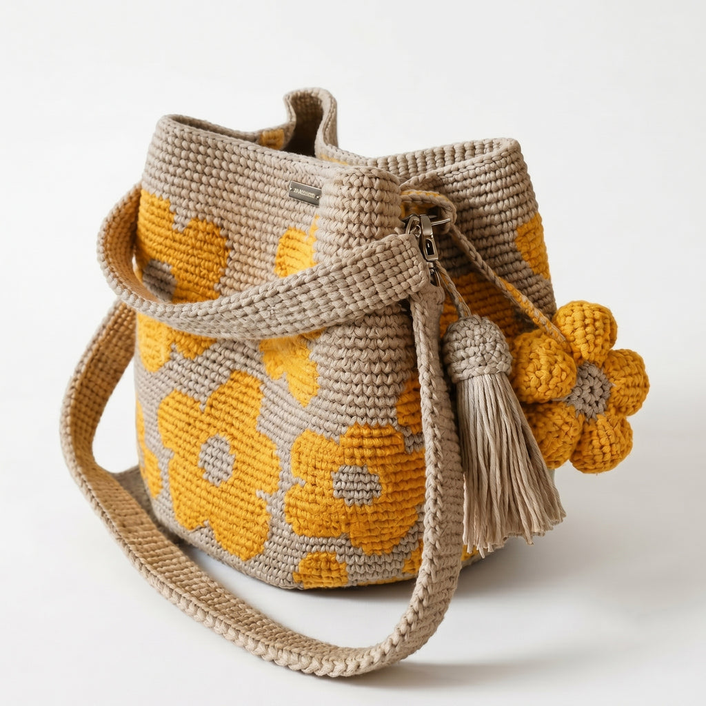 Borsa a secchiello all'uncinetto fatta a mano, di colore beige con un motivo di grandi fiori gialli, posizionata su uno sfondo bianco. La borsa è completa di una tracolla intrecciata beige, due nappine e un charm a forma di fiore all'uncinetto.