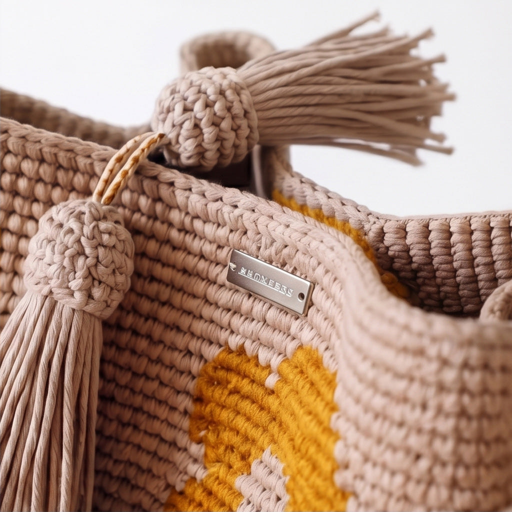 Primo piano dettagliato dell'apertura superiore di una borsa all'uncinetto beige, che mostra la trama del punto, le basi delle due nappine e una piccola placca di metallo con l'incisione "MANERAS".