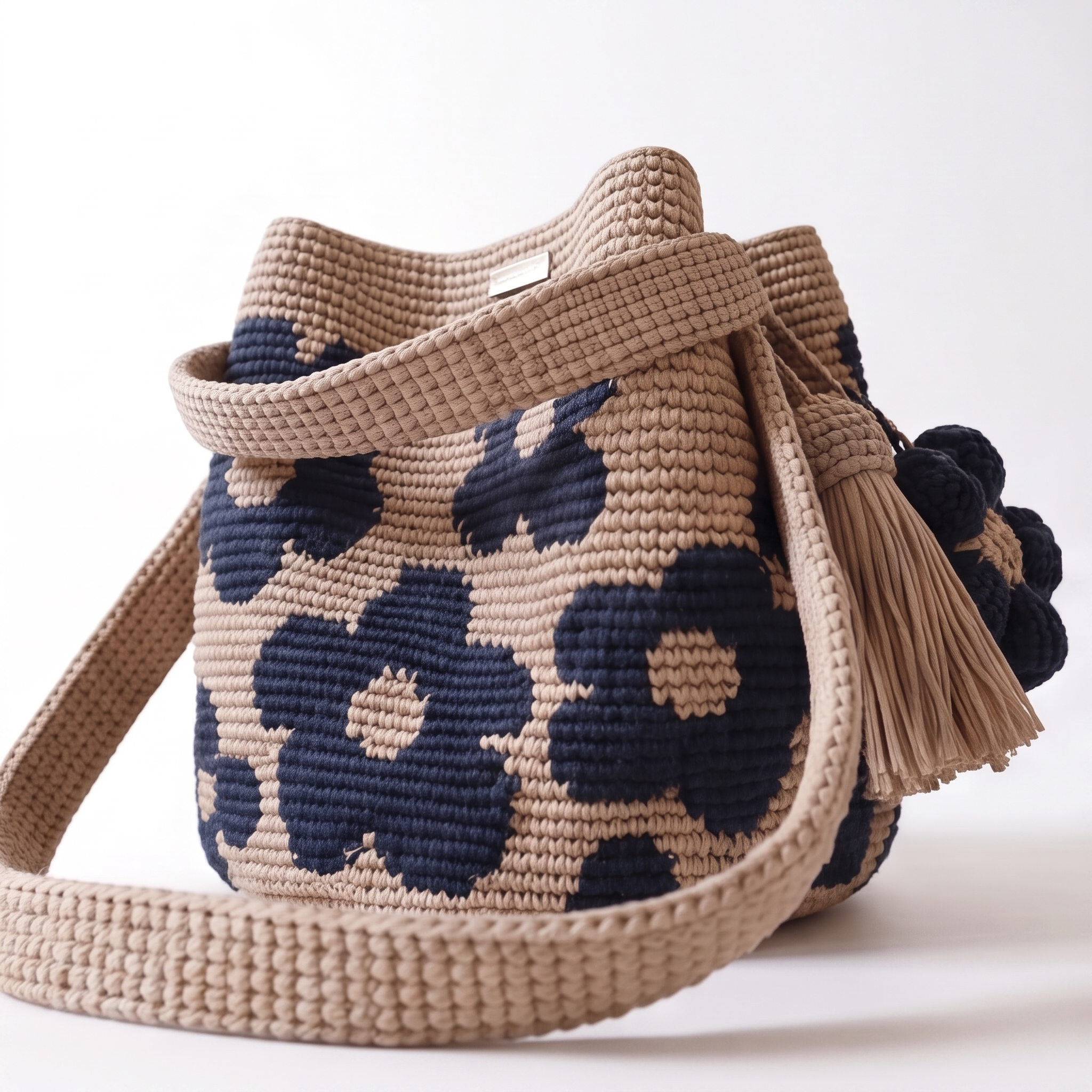 Vista laterale completa della borsa a secchiello all'uncinetto, che mostra la sua forma voluminosa, il motivo floreale bianco e la tracolla posizionata in un anello, con nappe e charm visibili sul lato.