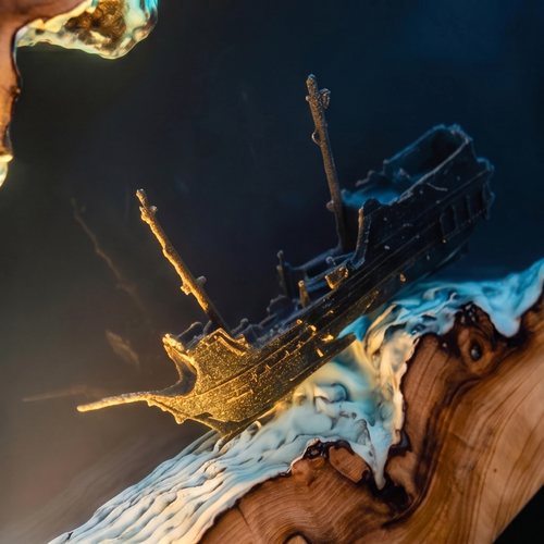 Dettaglio della lavorazione in resina e legno massello, con focus sui tentacoli del polpo e i dettagli della nave affondata nel mare.