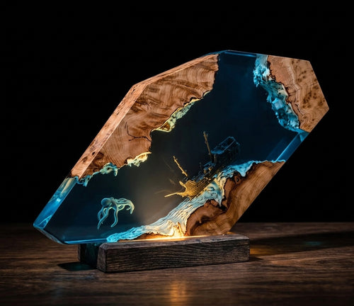 Lampada artigianale in legno e resina trasparente con diorama sottomarino che mostra un polpo gigante e un relitto di una nave.