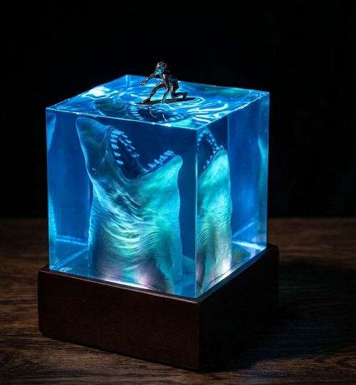 Lampada artigianale in resina trasparente e legno con diorama di un oceano, che mostra un surfista in superficie e uno squalo bianco sott'acqua.